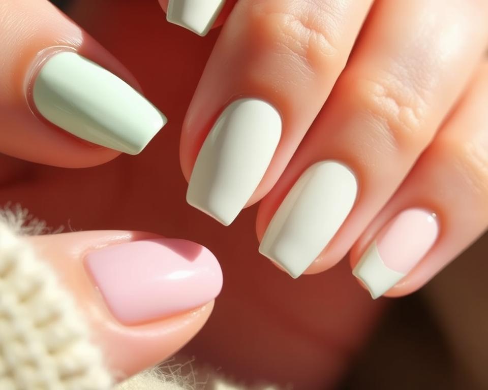 A delicate arrangement of mint-colored nails with a soft pink accent, captured in a close-up shot under warm, natural lighting. The nails are neatly manicured, showcasing a seamless blend of the two complementary shades. The overall composition exudes a sense of elegance and sophistication, inviting the viewer to imagine the versatility of this color combination. The image conveys a harmonious balance, reflecting the section's focus on exploring how to effortlessly combine mint-toned nails with other hues. A delicate arrangement of mint-colored nails with a soft pink accent, captured in a close-up shot under warm, natural lighting. The nails are neatly manicured, showcasing a seamless blend of the two complementary shades. The overall composition exudes a sense of elegance and sophistication, inviting the viewer to imagine the versatility of this color combination. The image conveys a harmonious balance, reflecting the section's focus on exploring how to effortlessly combine mint-toned nails with other hues.