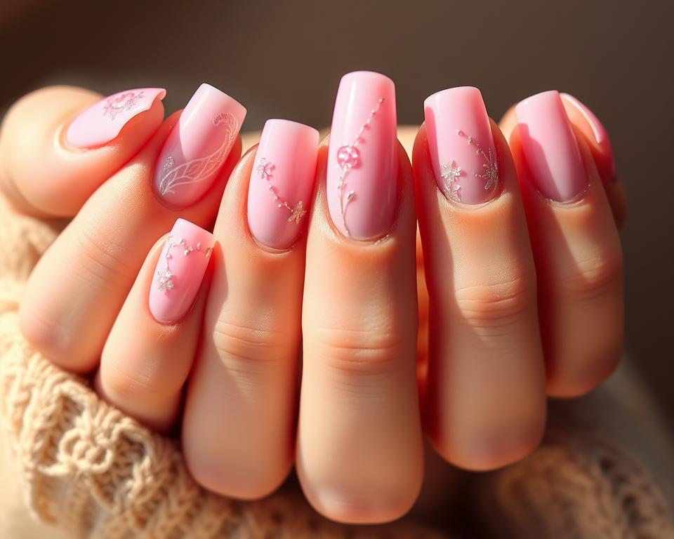 A delicate array of pink fingernails, each a unique work of art. Soft, pastel hues blend seamlessly, creating a harmonious palette that exudes femininity and grace. Intricate designs dance across the nails, from subtle floral patterns to shimmering, abstract motifs. Captured in a warm, natural lighting that casts a gentle glow, highlighting the dimensional texture and the glossy finish. The nails are framed against a backdrop of muted, earthy tones, allowing the vibrant pinks to take center stage. This image captures the essence of the "Inspiracje na Różowe Paznokcie" section, inspiring the viewer to explore the endless possibilities of vibrant, yet elegant, manicure designs. A delicate array of pink fingernails, each a unique work of art. Soft, pastel hues blend seamlessly, creating a harmonious palette that exudes femininity and grace. Intricate designs dance across the nails, from subtle floral patterns to shimmering, abstract motifs. Captured in a warm, natural lighting that casts a gentle glow, highlighting the dimensional texture and the glossy finish. The nails are framed against a backdrop of muted, earthy tones, allowing the vibrant pinks to take center stage. This image captures the essence of the "Inspiracje na Różowe Paznokcie" section, inspiring the viewer to explore the endless possibilities of vibrant, yet elegant, manicure designs.