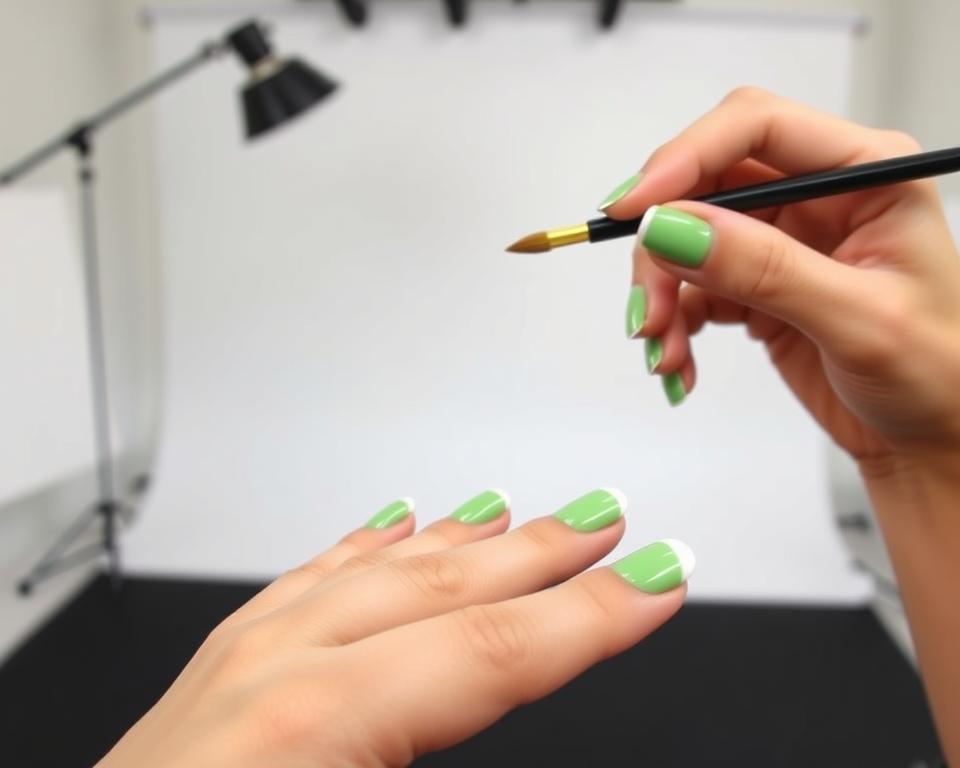 A detailed step-by-step guide on applying a vibrant green French manicure. In the foreground, a close-up view of a hand elegantly painted with a soft green base and crisp white tips. The middle ground showcases the precise application of the green polish, with a steady brush gliding across the nails. In the background, a minimalist studio setup with soft, diffused lighting, creating a serene and professional atmosphere. The overall mood is one of focus, precision, and the satisfying process of creating a perfectly executed green French manicure.