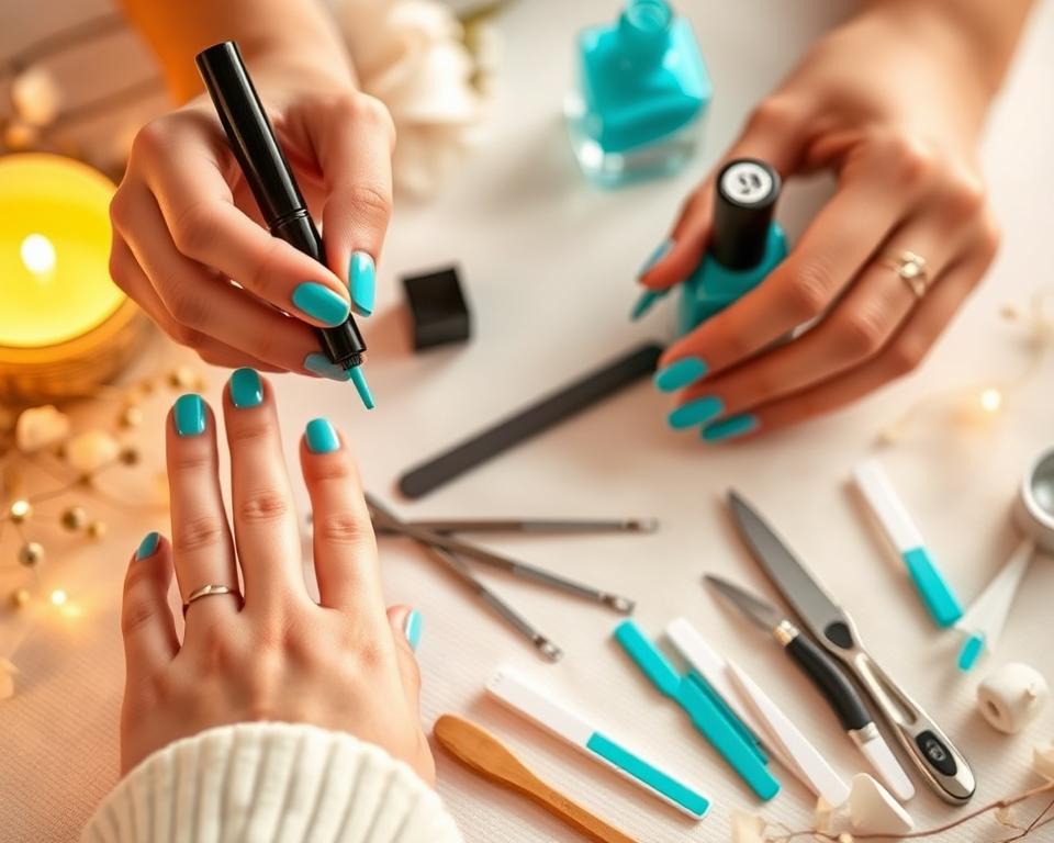 A detailed step-by-step tutorial on how to create a beautiful turquoise manicure at home. In the foreground, a woman's hands carefully applying nail polish in smooth, even strokes, revealing the transformation from bare nails to a vibrant turquoise hue. In the middle ground, an array of nail care tools and products neatly arranged, including a nail file, cuticle pusher, and a bottle of turquoise polish. The background features a soft, natural-looking environment, with hints of floral or botanical elements to create a soothing, spa-like atmosphere. Warm, indirect lighting casts a gentle glow, highlighting the delicate details of the manicure process. The overall mood is one of relaxation, self-care, and the satisfaction of achieving a professional-quality nail look at home. A detailed step-by-step tutorial on how to create a beautiful turquoise manicure at home. In the foreground, a woman's hands carefully applying nail polish in smooth, even strokes, revealing the transformation from bare nails to a vibrant turquoise hue. In the middle ground, an array of nail care tools and products neatly arranged, including a nail file, cuticle pusher, and a bottle of turquoise polish. The background features a soft, natural-looking environment, with hints of floral or botanical elements to create a soothing, spa-like atmosphere. Warm, indirect lighting casts a gentle glow, highlighting the delicate details of the manicure process. The overall mood is one of relaxation, self-care, and the satisfaction of achieving a professional-quality nail look at home.