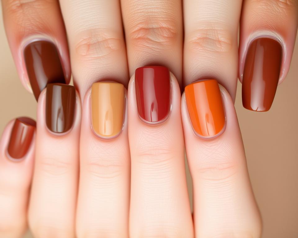A set of five meticulously manicured nails, each showcasing a distinct shade of rich, earthy brown. The nails are expertly shaped, with a natural, slightly glossy finish that catches the soft, diffused lighting. The hues range from deep, muted chestnut to warm, caramel-tinged tones, with subtle variations and gradients that create a harmonious, visually captivating display. The composition is framed in a clean, minimalist setting, allowing the focus to remain solely on the diverse array of brown nail polish shades. The overall mood is sophisticated, elegant, and inviting, reflecting the versatility and timeless appeal of this classic color palette.
