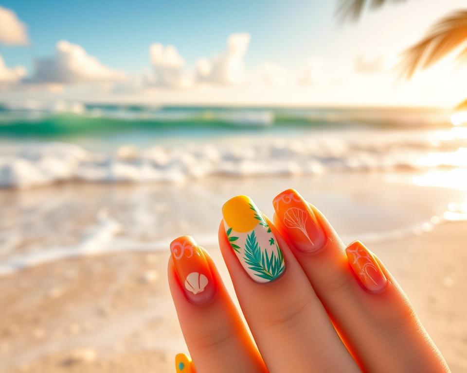 A vibrant and sun-kissed beach scene, with a serene ocean in the background, rolling waves lapping gently at the shore. In the foreground, a set of elegant and playfully designed summer nails, featuring a palette of tropical colors - vibrant turquoise, sunny yellow, and soft coral. The nails are adorned with intricate patterns, inspired by seashells, palm leaves, and dazzling sunsets. The lighting is warm and natural, casting a golden glow over the scene, evoking a sense of relaxation and holiday bliss. The overall composition captures the essence of a dreamy, carefree summer vacation, perfectly suited to inspire unique and captivating nail art designs.