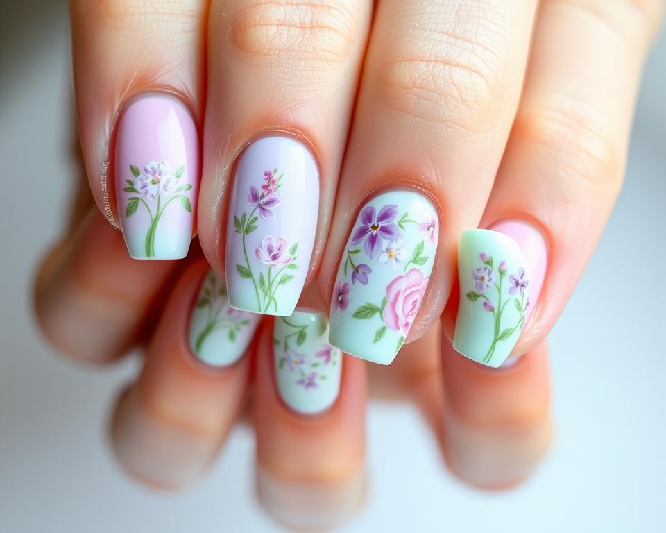 A vibrant spring-inspired manicure with delicate floral designs, captured in a crisp, close-up photograph. The nails are adorned with intricate nail art techniques, featuring pastel shades of pink, lavender, and mint blended seamlessly. The lighting is soft and diffused, accentuating the textural details of the nail polish and its glossy finish. The composition is focused on the hands, with a clean, uncluttered background that allows the nail designs to take center stage. The overall mood is fresh, playful, and evocative of the season's renewal.