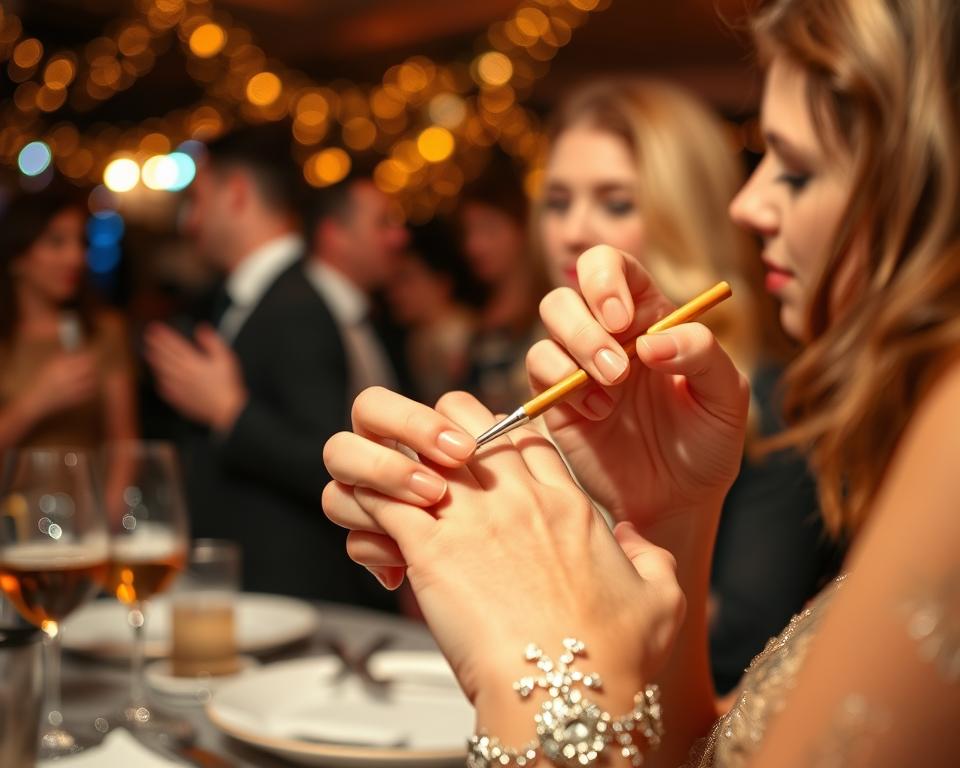 A well-lit, close-up scene of a woman's hands carefully maintaining her manicure during a lively New Year's Eve party. The foreground shows her delicately touching up her nails with a small brush, using a high-quality nail polish in a festive shade. In the middle ground, glimpses of a celebratory atmosphere can be seen, with blurred party decorations, glasses, and the festive attire of other guests. The background is softly blurred, creating a sense of focus on the intricate nail care routine. The lighting is warm and flattering, accentuating the glamorous yet practical nature of the moment. An intimate, glamorous, and meticulously detailed image capturing the art of maintaining a beautiful manicure amidst the excitement of a New Year's Eve party.