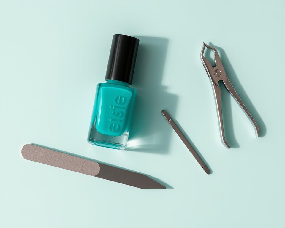 Arranged on a minimalist pastel turquoise background, a collection of manicure products including a bottle of vibrant turquoise nail polish, a nail file, a cuticle pusher, and a metal nail clipper. The lighting is soft and diffused, creating gentle shadows and highlights that accentuate the textures and colors of the items. The composition is balanced and visually appealing, inviting the viewer to imagine the perfect turquoise nail look. The overall mood is one of refinement, sophistication, and attention to detail, reflecting the high-quality nature of the manicure tools. Arranged on a minimalist pastel turquoise background, a collection of manicure products including a bottle of vibrant turquoise nail polish, a nail file, a cuticle pusher, and a metal nail clipper. The lighting is soft and diffused, creating gentle shadows and highlights that accentuate the textures and colors of the items. The composition is balanced and visually appealing, inviting the viewer to imagine the perfect turquoise nail look. The overall mood is one of refinement, sophistication, and attention to detail, reflecting the high-quality nature of the manicure tools.