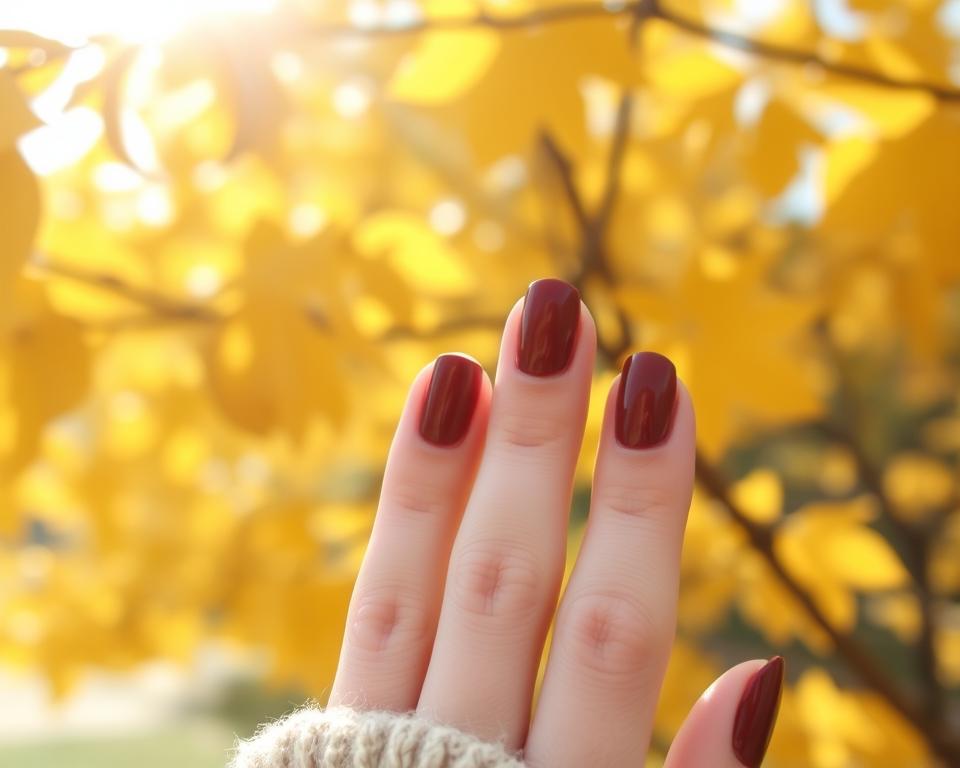 Delicate autumn-hued nails in a range of seasonal tones, from warm chestnut to deep mocha, are elegantly displayed against a softly blurred, natural backdrop. Diffused sunlight filters through a canopy of golden leaves, casting a cozy, earthy glow. The nails are meticulously manicured, the polish smooth and reflective, capturing the essence of the transitional season. A sense of tranquility and comfort pervades the scene, inviting the viewer to pause and appreciate the simple beauty of the changing seasons as expressed through this classic, versatile nail palette.