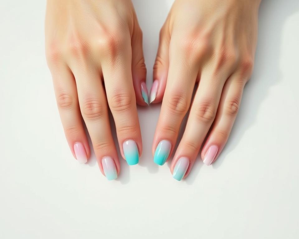 Delicate pink and turquoise ombre nails with a soft, blended gradient. Perfectly manicured hands gently resting on a clean, light-colored background. The nails are painted with a high-gloss, almost iridescent finish that catches the light, creating a mesmerizing and ethereal effect. The lighting is natural and diffused, lending a serene and calming atmosphere to the scene. The composition is balanced and centered, allowing the beautiful nails to be the focal point of the image. Delicate pink and turquoise ombre nails with a soft, blended gradient. Perfectly manicured hands gently resting on a clean, light-colored background. The nails are painted with a high-gloss, almost iridescent finish that catches the light, creating a mesmerizing and ethereal effect. The lighting is natural and diffused, lending a serene and calming atmosphere to the scene. The composition is balanced and centered, allowing the beautiful nails to be the focal point of the image.