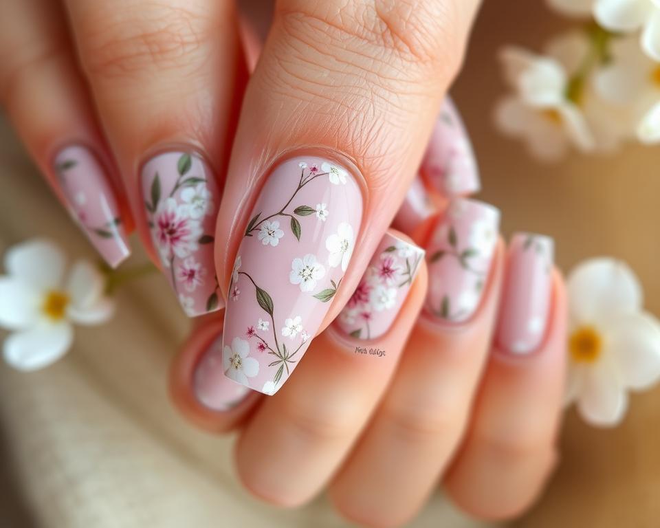 Detailed floral spring nail art designs on female hands. Close-up view of intricate patterns and textures - delicate flower motifs, subtle pastel colors, with a soft, natural lighting. Manicured nails in a variety of shapes and lengths, the nail polish application is precise and smooth. The overall aesthetic is elegant, feminine, and seasonally appropriate, capturing the essence of spring fashion and beauty.