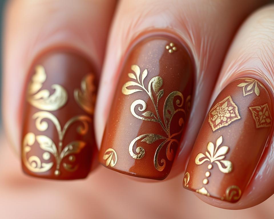 Detailed macro shot of ornate, brown-toned fingernails adorned with a variety of elegant patterns and decorations. The nails feature a rich, warm brown base color with intricate designs in soft, muted hues of gold, bronze, and copper. Delicate floral motifs, abstract swirls, and geometric shapes are meticulously painted across the nail surfaces, creating a visually captivating and polished appearance. Subtle lighting from the side accentuates the dimensional textures and lustrous finish of the nail art, evoking a sense of refined sophistication.