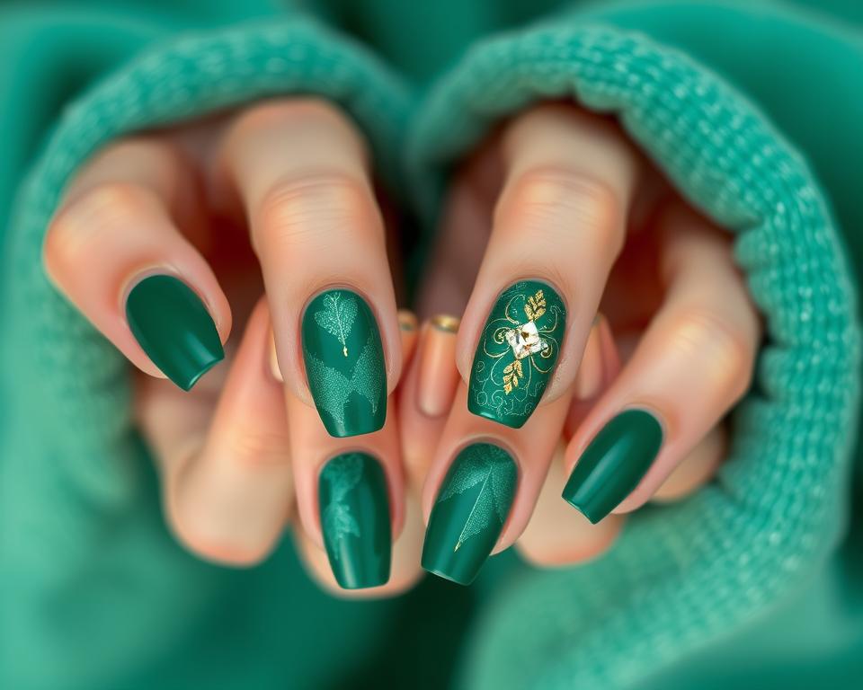 Elegant green nail art patterns with intricate designs. Close-up of female hands showing detailed nail lacquer in rich emerald tones, accented with delicate gold leaf or shimmering rhinestone accents. Soft, diffused lighting creates a luxurious, high-fashion aesthetic. Manicured nails are the focal point, set against a neutral, out-of-focus background that allows the vibrant colors and textures to shine. Convey a sense of sophisticated style and refinement.