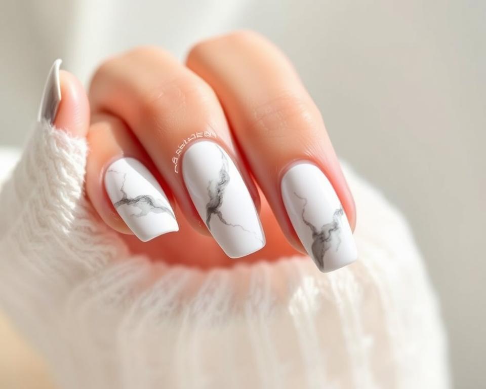 Elegant marble manicure with a pristine white base and subtle grey accents. Smooth, swirling patterns dance across the nails, resembling natural stone. Soft, diffused lighting creates a luminous, high-end ambiance. The nails are angled to showcase their organic, fluid design. This timeless, sophisticated look embodies the essence of the "Najpopularniejsze Kolory w Stylizacji Marmurkowej" section, highlighting the enduring appeal of marble-inspired hybrid nail art.