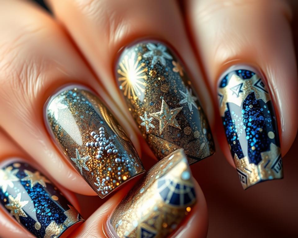 Highly detailed close-up view of intricate New Year's Eve nail art design, featuring a festive mix of glittering fireworks, shimmering metallic accents, and striking geometric patterns in shades of gold, silver, and sparkling midnight blue. The nails are perfectly manicured, with a glossy, high-shine finish that catches the light. The composition highlights the artistic and creative nature of the design, drawing the viewer's attention to the fine details and textures. Captured in a softly lit, atmospheric setting that evokes the celebratory mood of a New Year's Eve party.