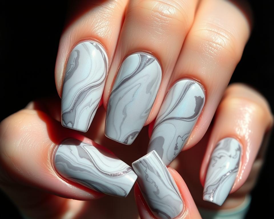 Intricate marble-inspired nails, captured in a close-up view, showcasing the captivating technika marble nail technique. Glossy, iridescent hues of grey, white, and soft blue swirl and blend seamlessly, creating a mesmerizing, organic pattern. Dramatic lighting casts dramatic shadows, accentuating the depth and dimension of the nail art. The composition is centered, filling the frame, allowing the viewer to fully immerse themselves in the delicate, artful details. A serene, elegant atmosphere permeates the scene, inviting the viewer to appreciate the skilled craftsmanship and artistry of this captivating manicure.