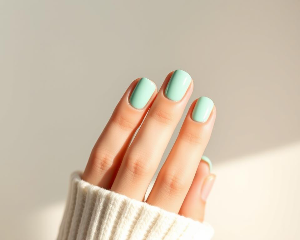 Vibrant mint-colored nails set against a soft, neutral background. Delicate fingers elegantly displayed, the fresh mint hue gleaming with a subtle sheen. Warm, natural lighting casts a gentle glow, accentuating the smooth, healthy nail beds. A sense of tranquility and sophistication permeates the scene, inviting the viewer to appreciate the simple beauty of well-manicured, on-trend mint nails. Vibrant mint-colored nails set against a soft, neutral background. Delicate fingers elegantly displayed, the fresh mint hue gleaming with a subtle sheen. Warm, natural lighting casts a gentle glow, accentuating the smooth, healthy nail beds. A sense of tranquility and sophistication permeates the scene, inviting the viewer to appreciate the simple beauty of well-manicured, on-trend mint nails.