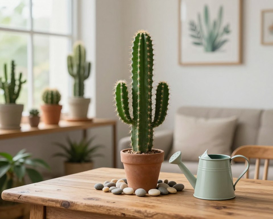 A beautifully arranged indoor setting showcasing practical tips for placing a cactus at home. In the foreground, a vibrant green cactus is artistically positioned on a rustic wooden table, accompanied by decorative pebbles and a stylish, small watering can. The middle ground features a cozy living space with soft, natural light filtering through a large window, illuminating a shelf with various cacti and plants. The background presents a softly blurred wall adorned with nature-themed art, enhancing the atmosphere of tranquility. Capture the scene with a warm, inviting color palette and a shallow depth of field to focus on the cactus arrangement, evoking a sense of harmony and a connection to nature within the home.