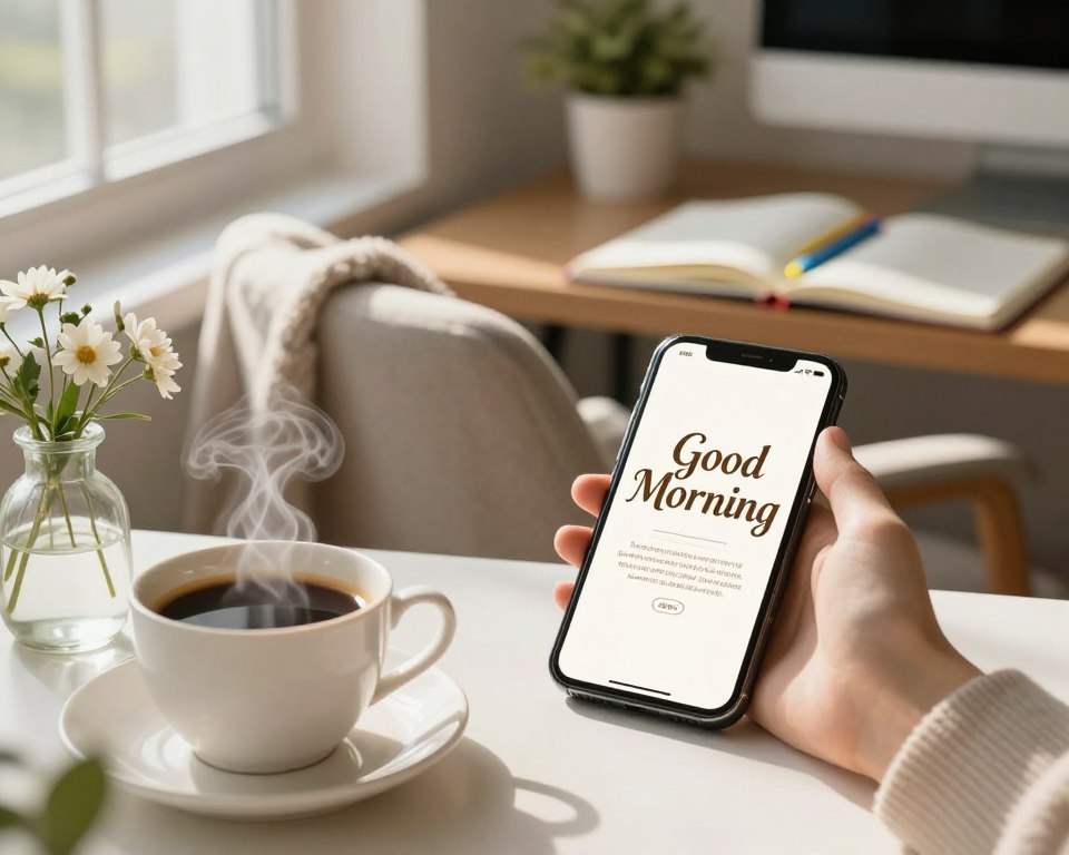 A beautifully arranged workspace featuring a smartphone displaying a cheerful "Good Morning" message in an elegant font. In the foreground, a steaming cup of coffee and a small vase with fresh flowers, creating a warm and inviting atmosphere. The middle ground includes a cozy blanket draped over a comfortable chair, hinting at a relaxed morning setting. Soft, natural light filters in from a nearby window, casting gentle shadows and enhancing the peaceful vibe. In the background, an open notebook with colorful pens and a desktop plant adds a touch of liveliness and creativity. The overall mood is sweet and romantic, perfect for inspiring heartfelt communication with a loved one. A beautifully arranged workspace featuring a smartphone displaying a cheerful "Good Morning" message in an elegant font. In the foreground, a steaming cup of coffee and a small vase with fresh flowers, creating a warm and inviting atmosphere. The middle ground includes a cozy blanket draped over a comfortable chair, hinting at a relaxed morning setting. Soft, natural light filters in from a nearby window, casting gentle shadows and enhancing the peaceful vibe. In the background, an open notebook with colorful pens and a desktop plant adds a touch of liveliness and creativity. The overall mood is sweet and romantic, perfect for inspiring heartfelt communication with a loved one.