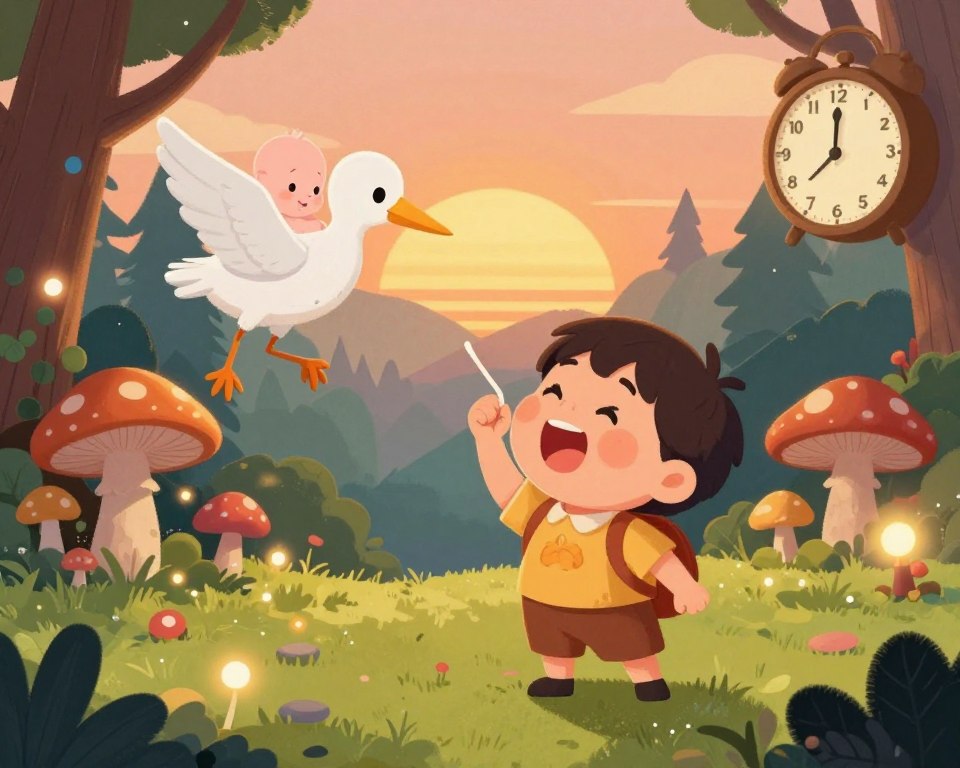 A captivating and whimsical illustration exploring the curiosities and myths surrounding hiccups. In the foreground, depict a whimsical character experiencing a hiccup, with cheerful expressions and vibrant colors, surrounded by symbolic representations of common myths such as a stork carrying a baby and a clock symbolizing time. In the middle ground, include a magical forest setting with glowing mushrooms and playful woodland creatures, enhancing the sense of wonder. In the background, show a soft sunset illuminating the sky in warm hues, creating an inviting and mysterious atmosphere. Use soft, diffuse lighting to evoke a sense of enchantment. The image should convey a light-hearted and humorous mood, engaging the viewer in the delightful aspects of folklore surrounding hiccups. A captivating and whimsical illustration exploring the curiosities and myths surrounding hiccups. In the foreground, depict a whimsical character experiencing a hiccup, with cheerful expressions and vibrant colors, surrounded by symbolic representations of common myths such as a stork carrying a baby and a clock symbolizing time. In the middle ground, include a magical forest setting with glowing mushrooms and playful woodland creatures, enhancing the sense of wonder. In the background, show a soft sunset illuminating the sky in warm hues, creating an inviting and mysterious atmosphere. Use soft, diffuse lighting to evoke a sense of enchantment. The image should convey a light-hearted and humorous mood, engaging the viewer in the delightful aspects of folklore surrounding hiccups.