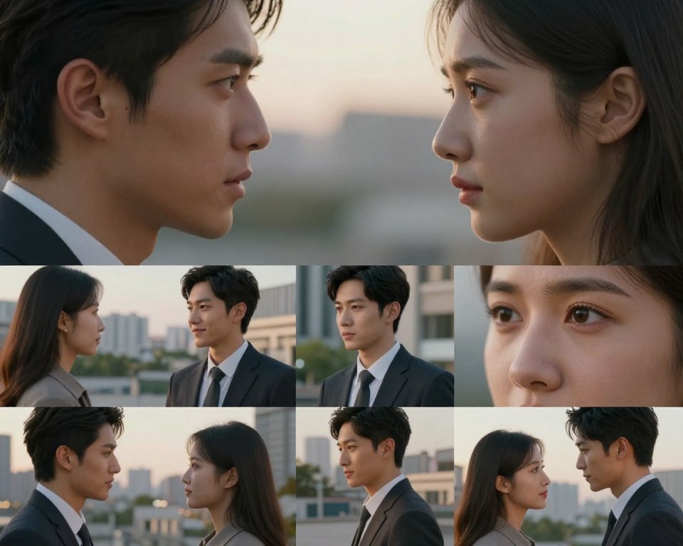 A captivating collage that illustrates the interpretation of gaze in various situations. In the foreground, a close-up of two individuals engaging in eye contact, showcasing a range of emotions—curiosity, intensity, and warmth. One person is wearing professional business attire, while the other is in modest casual clothing. In the middle, a sequence of smaller panels shows different scenarios: a friendly conversation, a serious negotiation, and a romantic moment, all emphasizing how gaze communicates different nuances. The background features a softly blurred urban setting, bathed in warm, natural lighting, suggesting a late afternoon ambiance. Use a shallow depth of field to enhance facial expressions, while creating an atmosphere of connection and intrigue. The overall mood is thoughtful and reflective, capturing the essence of gaze in human interaction. A captivating collage that illustrates the interpretation of gaze in various situations. In the foreground, a close-up of two individuals engaging in eye contact, showcasing a range of emotions—curiosity, intensity, and warmth. One person is wearing professional business attire, while the other is in modest casual clothing. In the middle, a sequence of smaller panels shows different scenarios: a friendly conversation, a serious negotiation, and a romantic moment, all emphasizing how gaze communicates different nuances. The background features a softly blurred urban setting, bathed in warm, natural lighting, suggesting a late afternoon ambiance. Use a shallow depth of field to enhance facial expressions, while creating an atmosphere of connection and intrigue. The overall mood is thoughtful and reflective, capturing the essence of gaze in human interaction.