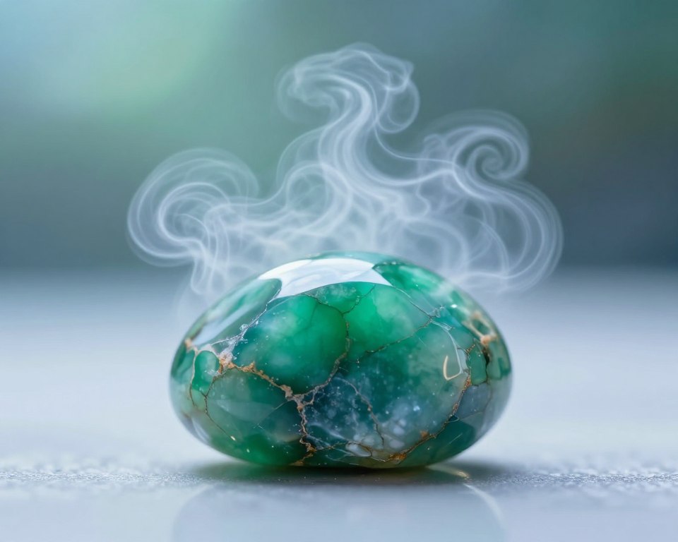A close-up view of a beautifully polished chrysoprase stone, showcasing its vibrant green hues and natural patterns. In the foreground, the stone is placed on a smooth, reflective surface with soft, diffused lighting highlighting its unique textures and colors. The middle section features gentle, swirling clouds of ethereal energy that seem to emanate from the stone, symbolizing its metaphysical properties. The background is a soft, blurred gradient of calming blues and greens, evoking a serene and tranquil atmosphere. The overall mood is peaceful and mystical, inviting contemplation of the stone's energetic attributes. The composition should be captured using a macro lens to emphasize detail and create a captivating focal point. A close-up view of a beautifully polished chrysoprase stone, showcasing its vibrant green hues and natural patterns. In the foreground, the stone is placed on a smooth, reflective surface with soft, diffused lighting highlighting its unique textures and colors. The middle section features gentle, swirling clouds of ethereal energy that seem to emanate from the stone, symbolizing its metaphysical properties. The background is a soft, blurred gradient of calming blues and greens, evoking a serene and tranquil atmosphere. The overall mood is peaceful and mystical, inviting contemplation of the stone's energetic attributes. The composition should be captured using a macro lens to emphasize detail and create a captivating focal point.