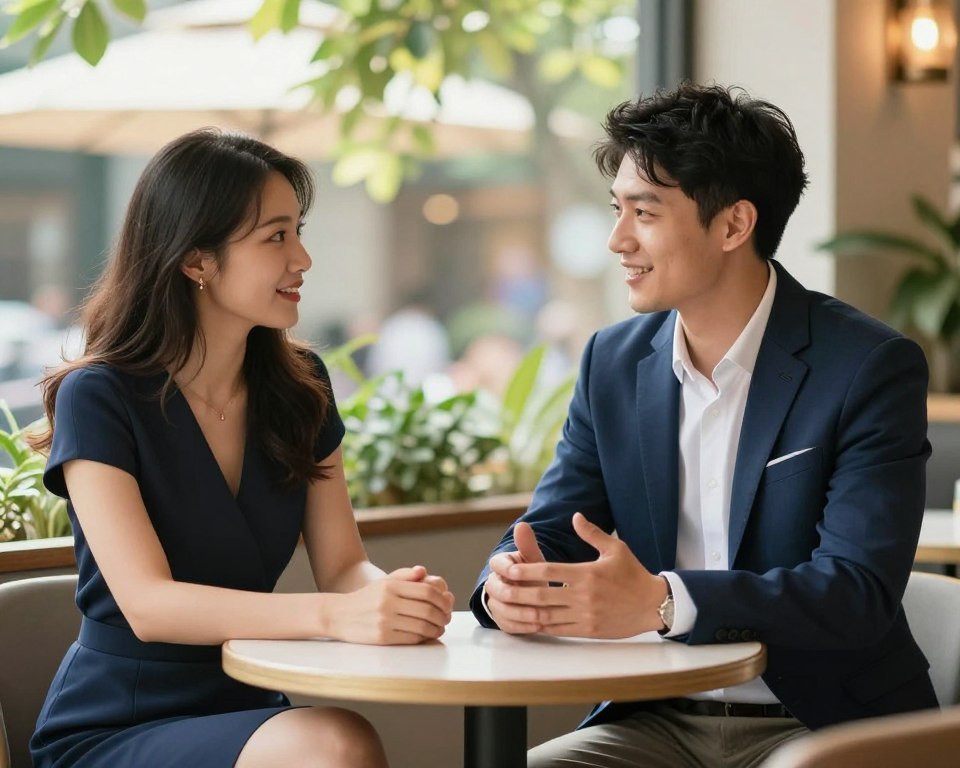A confident young man and woman engaged in a friendly conversation, seated at a small caf&eacute; table, surrounded by an inviting atmosphere. The man, dressed in a sharp navy blazer and a crisp shirt, displays open body language, smiling warmly at the woman. The woman, in a stylish yet professional dress, appears relaxed and attentive, leaning in slightly as they connect. In the background, soft sunlight filters through leafy greens, casting a gentle glow that enhances the mood of warmth and approachability. The scene captures the essence of first impressions, with a focus on authentic expressions of interest and connection, evoking feelings of hope and positivity in social interactions.