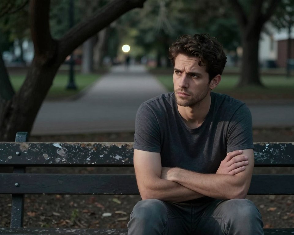 A contemplative man in modest casual clothing sits alone on a weathered park bench, gazing off into the distance with a furrowed brow, capturing the essence of emotional distance. His arms are crossed defensively, and shadows play across his face, revealing a subtle tension in his expression. In the foreground, a gently swaying tree branch creates a barrier, symbolizing the emotional walls he has erected. In the middle ground, a blurred path leads to a distant light source, representing hope and connection just out of reach. The background features a dimly lit park with softly muted colors, evoking a sense of solitude and introspection. The lighting is soft but contrasts sharply with the man's complex emotions, creating a moody atmosphere that reflects inner turmoil.
