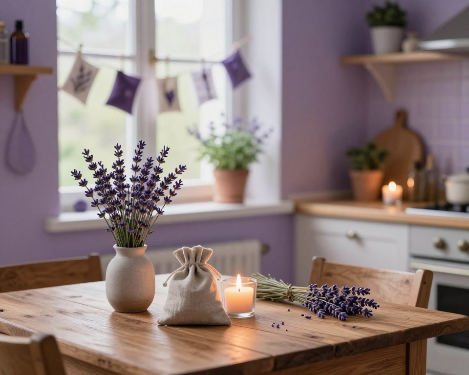 A cozy home interior featuring lavender used in various domestic applications. In the foreground, a rustic wooden table is adorned with a small vase filled with fresh lavender sprigs. Nearby, a linen pouch filled with dried lavender sits beside a lit candle, casting a warm, inviting glow. In the middle ground, a window lets in soft, natural light, highlighting lavender-scented decorations, like sachets hanging from a drying rack and lavender-infused oils on a shelf. The background showcases a charming kitchen with lavender-hued walls and herb pots on the windowsill, creating a serene atmosphere. The overall mood is tranquil and comforting, evoking a sense of harmony and home. Shot with a soft-focus lens to emphasize warmth and invite a peaceful ambiance.