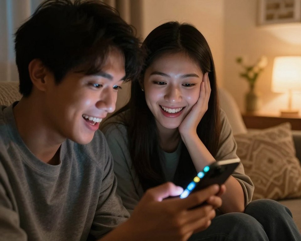 A cozy, intimate scene depicting a young couple engaging in a lively chat on Messenger, their expressions animated and full of emotion. In the foreground, a close-up of their hands, one holding a smartphone, showing the glowing screen with colorful message notifications. In the middle, their faces are partially lit by the phone's light, illuminated with a warm, inviting glow, emphasizing smiles and playful eye contact. Soft, ambient lighting creates a gentle atmosphere, evoking a sense of connection despite physical distance. The background features a comfortable living room setting, with a cozy couch and decorative elements like soft cushions and warm-toned lighting contributing to the emotional warmth of the image. A cozy, intimate scene depicting a young couple engaging in a lively chat on Messenger, their expressions animated and full of emotion. In the foreground, a close-up of their hands, one holding a smartphone, showing the glowing screen with colorful message notifications. In the middle, their faces are partially lit by the phone's light, illuminated with a warm, inviting glow, emphasizing smiles and playful eye contact. Soft, ambient lighting creates a gentle atmosphere, evoking a sense of connection despite physical distance. The background features a comfortable living room setting, with a cozy couch and decorative elements like soft cushions and warm-toned lighting contributing to the emotional warmth of the image.