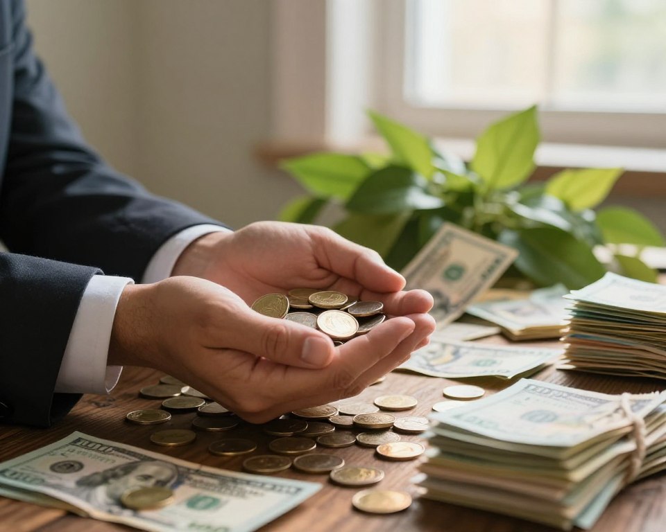 A detailed and captivating scene illustrating the concept of unexpectedly finding valuable money. In the foreground, a pair of professional hands, wearing business attire, delicately hold a handful of gleaming coins, reflecting warm sunlight. The middle ground features a rustic wooden table scattered with various bills and coins, some partially hidden beneath a layer of vibrant green foliage, symbolizing ethical aspects of handling found wealth. In the background, soft, diffused light filters through a window, creating a serene atmosphere with subtle shadows. The overall mood should evoke curiosity and excitement, inviting the viewer to ponder the implications and practical advice surrounding unexpected financial discoveries.