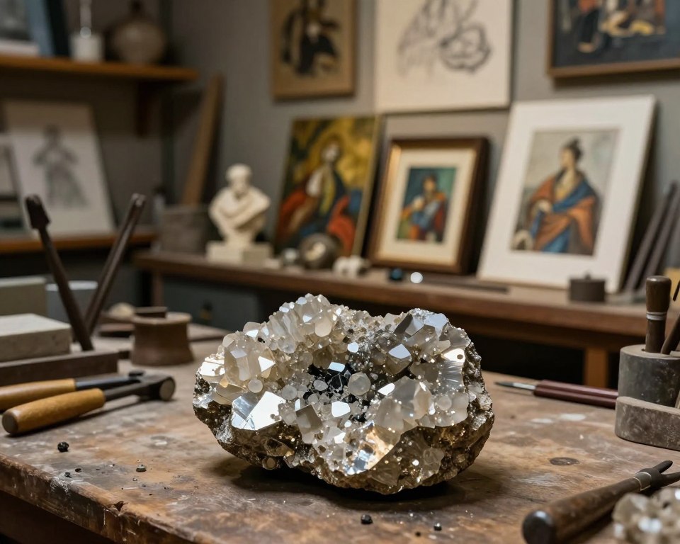 A detailed composition showcasing the applications of galena in industry and art. In the foreground, a polished piece of galena glistens under a soft light, highlighting its metallic luster and crystalline structure. In the middle, a collection of industrial tools and artworks inspired by galena, such as sculptures and paintings, demonstrate its versatile use. The background features a dimly lit workshop setting with tools, sketches, and art pieces, suggesting a creative environment. The atmosphere conveys a sense of craftsmanship and innovation, with warm tones to evoke a feeling of exploration and appreciation for the mineral. The scene is captured from a slightly elevated angle to provide depth, emphasizing the beauty and utility of galena in both industrial and artistic contexts. A detailed composition showcasing the applications of galena in industry and art. In the foreground, a polished piece of galena glistens under a soft light, highlighting its metallic luster and crystalline structure. In the middle, a collection of industrial tools and artworks inspired by galena, such as sculptures and paintings, demonstrate its versatile use. The background features a dimly lit workshop setting with tools, sketches, and art pieces, suggesting a creative environment. The atmosphere conveys a sense of craftsmanship and innovation, with warm tones to evoke a feeling of exploration and appreciation for the mineral. The scene is captured from a slightly elevated angle to provide depth, emphasizing the beauty and utility of galena in both industrial and artistic contexts.