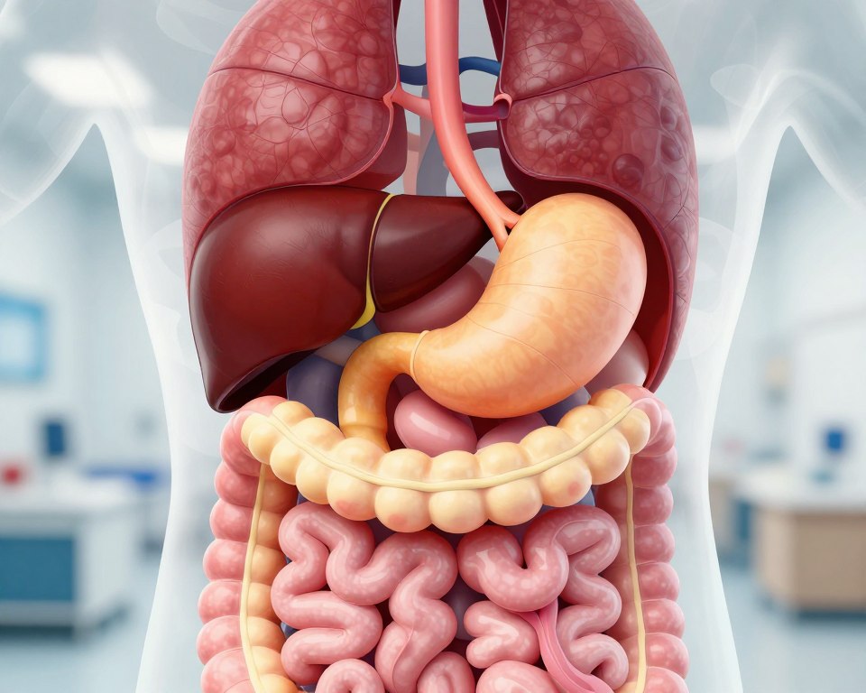 A detailed illustration showcasing the human digestive system in relation to abdominal pain. In the foreground, a professional-looking diagram of the abdominal organs, such as the stomach, intestines, and liver, is highlighted. The organs should be anatomically correct and vibrant, utilizing a color palette of deep reds and soft yellows to evoke a sense of health and vitality. In the middle background, a transparent overlay demonstrates common causes of abdominal pain, like gas and indigestion, using abstract graphical elements. The background should feature a blurred, clinically clean environment, suggesting a medical setting with soft, diffused light to create an informative and serious atmosphere. Capture this scene from a slightly angled perspective that invites viewers to explore the complexity of the digestive system, ensuring all elements are arranged harmoniously without clutter.