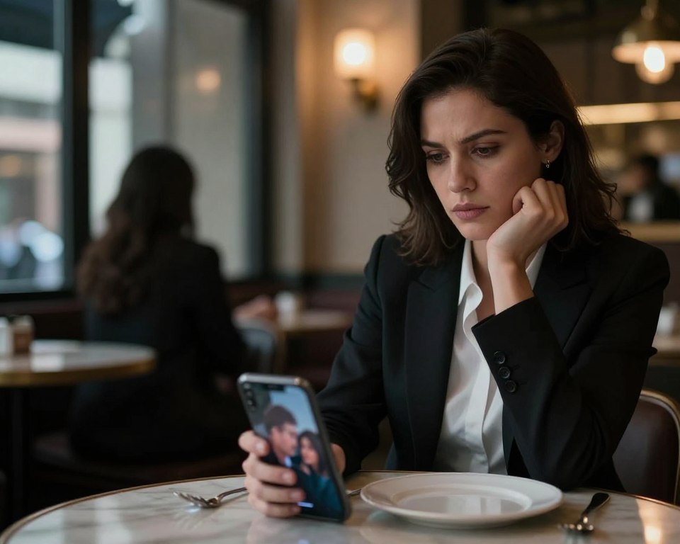 A dramatic, tense scene depicting a woman (in professional business attire) seated at a dimly lit table in a stylish café, her expression contemplative and determined as she strategizes. In the foreground, a smartphone sits on the table displaying a blurred image of the husband and his lover, conveying the betrayal. In the middle ground, a shadowy figure, representing the lover, is glimpsed through a window, creating a sense of intrigue and conflict. The background features elegant café decor, softly illuminated by warm, diffused lighting that casts subtle shadows, highlighting the mood of secrecy and plotting. Shot from a low angle to enhance the protagonist’s intensity and focus, emphasizing her thoughts of revenge and cunning strategies. The atmosphere is charged with emotion, tension, and a hint of suspense.