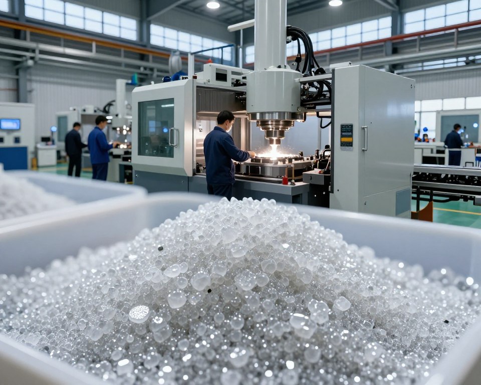 A modern industrial scene showcasing the applications of silicon carbide in various sectors. In the foreground, display a close-up of silicon carbide materials, gleaming and textured, emphasizing their hardness and durability. In the middle ground, depict a high-tech manufacturing facility with workers in professional attire handling cutting-edge machinery, producing high-performance components. Background should feature large industrial structures, with machinery and conveyor belts actively in use, under bright, focused lighting that highlights the efficiency and innovation of the workspace. Create a dynamic atmosphere of productivity and technological advancement, with a clear blue sky visible through large windows, symbolizing the future of modern industry.