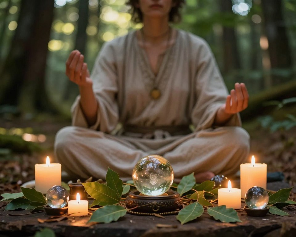 A mystical and serene scene depicting the role of intention in magical practices. In the foreground, a thoughtfully arranged altar adorned with vibrant green bay leaves, crystal orbs, and flickering candles, creating a warm, inviting glow. The middle ground features a wise, elegantly-dressed practitioner in modest attire, their hands raised in a meditative pose, embodying focus and intent. The background showcases a softly illuminated forest with dappled sunlight filtering through the trees, casting enchanting shadows. The atmosphere is calm and reflective, emphasizing a sense of purpose and connection to nature. Lighting should be warm and ethereal, with a depth of field that gently blurs the background to highlight the forefront elements.