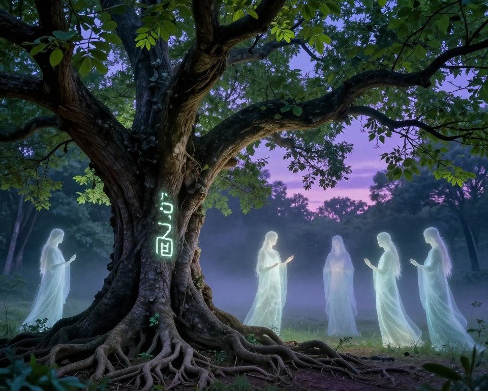 A mystical forest scene showcasing the intertwined relationship between trees and mythology. In the foreground, an ancient, gnarled tree with deep roots, its branches heavy with vibrant green leaves, symbolizing wisdom and connection to the past. Mysterious symbols carved into its trunk glow softly, hinting at modern beliefs surrounding these sentinels of nature. The middle ground features ethereal, translucent spirits or figures dressed in flowing, modest garments, interacting peacefully with the tree, embodying guardians of nature. In the background, a twilight sky painted in shades of purple and blue casts a serene glow, with hints of mist weaving between the trees. Soft, dappled light filters through the foliage, creating a tranquil, enchanting atmosphere, inviting contemplation on the spiritual aspects of trees in folklore and contemporary beliefs.
