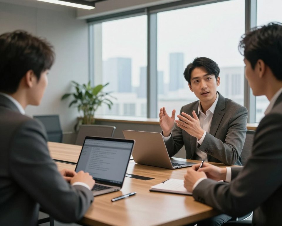 A professional business meeting taking place in a modern office setting. In the foreground, two individuals engage in a discussion, one gesturing thoughtfully, dressed in professional attire—suits in muted colors. The middle ground reveals a sleek wooden conference table with open laptops, notepads, and pens, conveying a productive atmosphere. In the background, large windows let in soft, natural light, illuminating the skyline of a city, symbolizing opportunity and connection. The mood is one of collaboration and focus, punctuated with warm, inviting lighting that enhances the sense of engagement and intention. The perspective is slightly angled to capture both the participants and the environment cohesively, emphasizing the dynamic of the meeting. A professional business meeting taking place in a modern office setting. In the foreground, two individuals engage in a discussion, one gesturing thoughtfully, dressed in professional attire—suits in muted colors. The middle ground reveals a sleek wooden conference table with open laptops, notepads, and pens, conveying a productive atmosphere. In the background, large windows let in soft, natural light, illuminating the skyline of a city, symbolizing opportunity and connection. The mood is one of collaboration and focus, punctuated with warm, inviting lighting that enhances the sense of engagement and intention. The perspective is slightly angled to capture both the participants and the environment cohesively, emphasizing the dynamic of the meeting.
