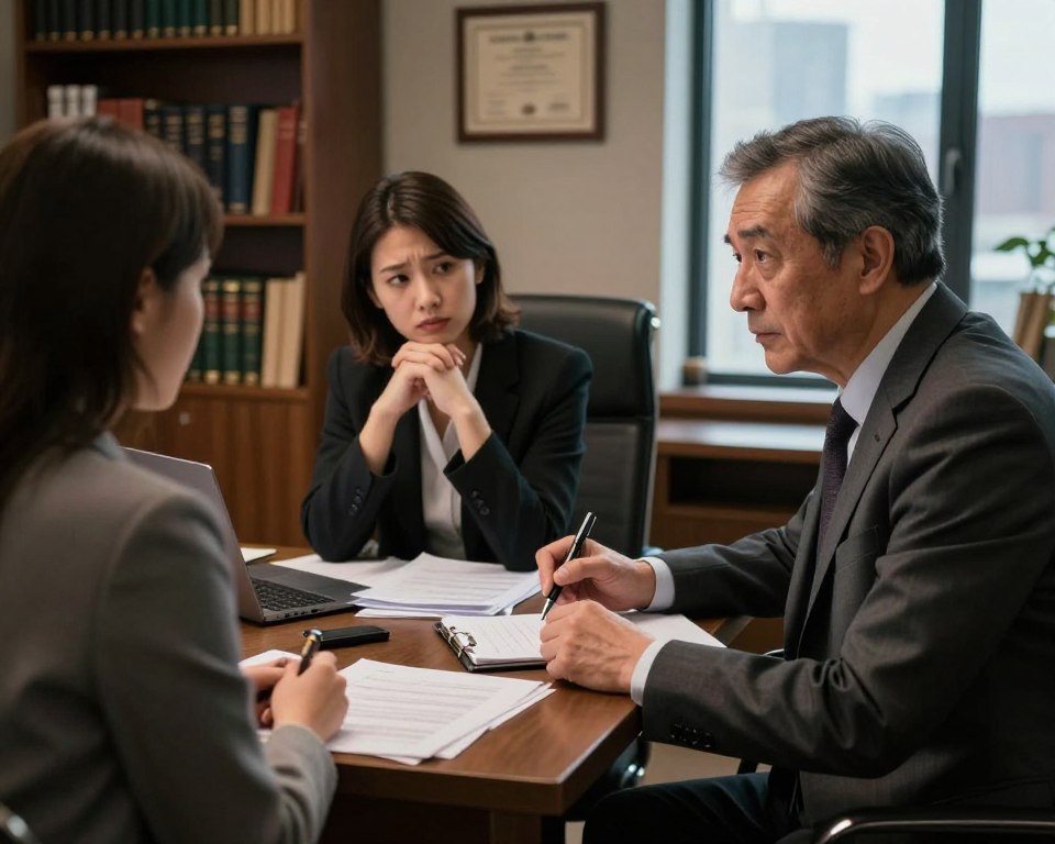 A professional detective consulting with a client in a cozy office setting. The foreground features a middle-aged detective, dressed in a smart suit with a notepad and pen in hand, attentively listening to a worried client seated across the table. The client, a woman in her early 30s, wears modest business attire and appears contemplative, with her hands clasped together. In the middle, a desk is cluttered with case files and a laptop, enhancing the atmosphere of investigation. The background shows shelves filled with books and framed certificates, creating a professional ambiance. Soft lighting casts gentle shadows, suggesting a serious yet confidential mood, while a large window reveals a glimpse of a city skyline outside, hinting at the urban setting.