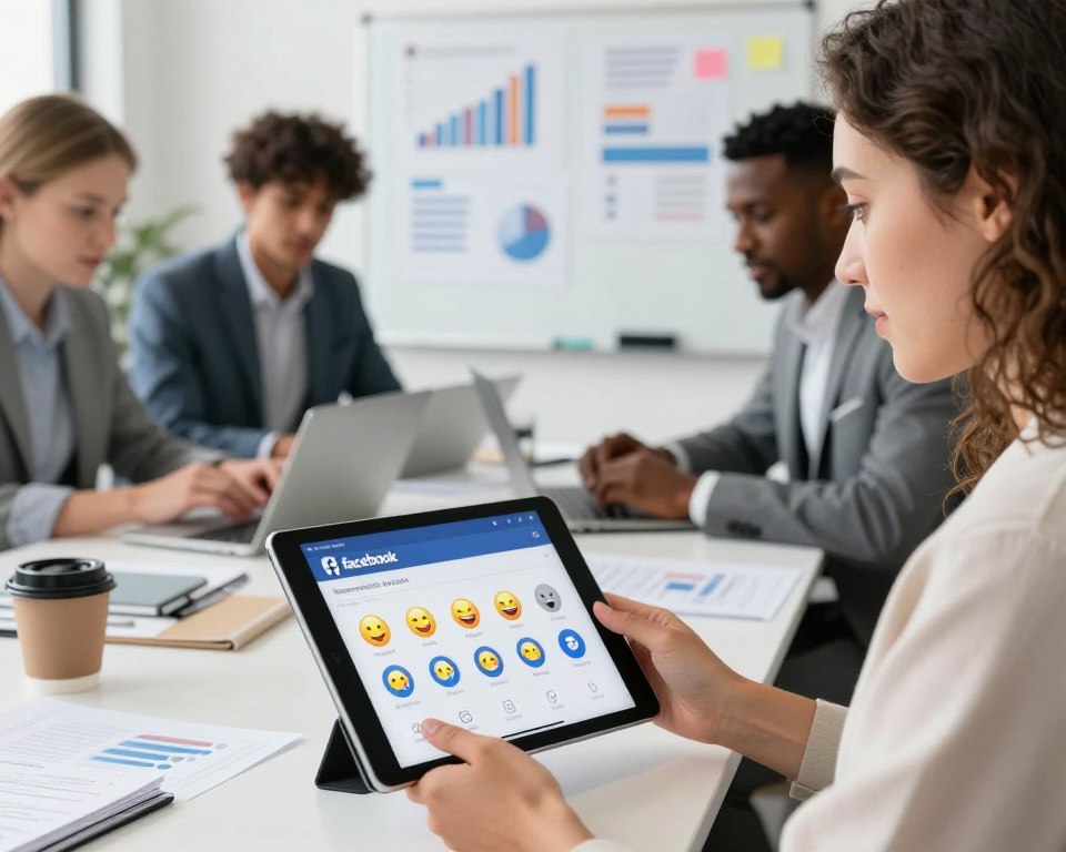 A professional office setting focused on advanced techniques for managing Facebook reactions, featuring a diverse group of three colleagues in business attire. In the foreground, a woman with wavy hair intently examines a digital tablet displaying Facebook's interface, with various reaction icons visible. The middle ground shows a well-organized desk filled with papers, a computer, and coffee mugs. In the background, a whiteboard filled with charts and graphs on social media strategies adds a dynamic feel. Soft, natural lighting illuminates the scene, creating a collaborative and thoughtful atmosphere, highlighting the importance of strategic social media engagement. The angle suggests a close-up view of the interactive discussion, underscoring the focus on user engagement analytics. No text or branding visible.