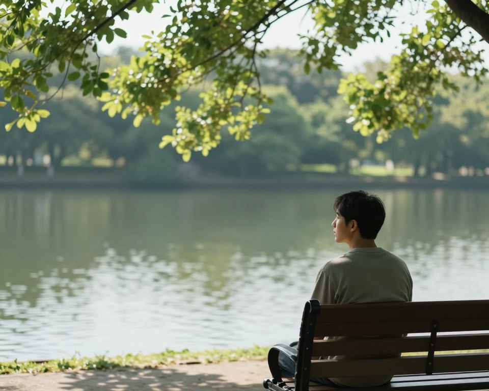 A serene and contemplative scene depicting emotional detox after a breakup. In the foreground, a figure of a man in casual, modest clothing sits on a park bench, gazing thoughtfully at a tranquil lake. He has a pensive expression, reflecting introspection and resilience. The middle ground features lush greenery, with soft, dappled sunlight filtering through the leaves, casting gentle shadows. In the background, faint silhouettes of distant trees create a sense of depth and peace. The overall atmosphere is calming and reflective, evoking themes of self-growth and regeneration. The scene is presented in a soft focus with natural light, captured from a slightly elevated angle to emphasize the contemplative mood, enhancing the sense of distance and emotional space.
