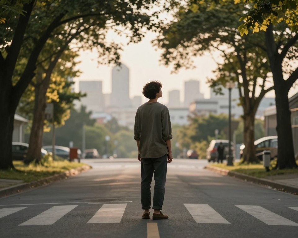 A serene and contemplative scene depicting the theme of rebuilding identity after betrayal. In the foreground, a thoughtful individual dressed in modest casual clothing stands at a crossroads, gazing into the distance, embodying a sense of determination. The middle ground features a pathway lined with trees, symbolizing growth and new beginnings, partially illuminated by gentle, golden sunlight filtering through the leaves. In the background, a soft-focus representation of a city skyline hints at life’s complexities and the journey ahead. The overall mood is one of hope and resilience, with a tranquil color palette of warm earth tones and a slight blur effect to emphasize the introspective atmosphere. The perspective is slightly low-angle, accentuating the subject's determination against the urban backdrop. A serene and contemplative scene depicting the theme of rebuilding identity after betrayal. In the foreground, a thoughtful individual dressed in modest casual clothing stands at a crossroads, gazing into the distance, embodying a sense of determination. The middle ground features a pathway lined with trees, symbolizing growth and new beginnings, partially illuminated by gentle, golden sunlight filtering through the leaves. In the background, a soft-focus representation of a city skyline hints at life’s complexities and the journey ahead. The overall mood is one of hope and resilience, with a tranquil color palette of warm earth tones and a slight blur effect to emphasize the introspective atmosphere. The perspective is slightly low-angle, accentuating the subject's determination against the urban backdrop.