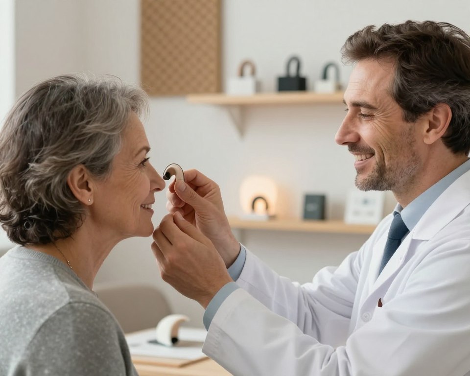 A serene and informative scene depicting the role of hearing aids in tinnitus therapy and sound masking. In the foreground, a professional audiologist, dressed in business attire, is demonstrating a modern hearing aid to a middle-aged patient, who appears attentive and engaged. The middle layer features a cozy, well-lit consultation room, with soundproofing panels and a shelf displaying various hearing aid models. In the background, soft ambient lighting creates a calm atmosphere. The audiologist has a warm smile, conveying empathy and expertise. The image captures a sense of hopefulness and professionalism, focusing on the positive impact of technology in managing tinnitus symptoms. Utilize soft, natural lighting to enhance the inviting feel of the setting, shot with a slight depth of field to focus on the interaction. A serene and informative scene depicting the role of hearing aids in tinnitus therapy and sound masking. In the foreground, a professional audiologist, dressed in business attire, is demonstrating a modern hearing aid to a middle-aged patient, who appears attentive and engaged. The middle layer features a cozy, well-lit consultation room, with soundproofing panels and a shelf displaying various hearing aid models. In the background, soft ambient lighting creates a calm atmosphere. The audiologist has a warm smile, conveying empathy and expertise. The image captures a sense of hopefulness and professionalism, focusing on the positive impact of technology in managing tinnitus symptoms. Utilize soft, natural lighting to enhance the inviting feel of the setting, shot with a slight depth of field to focus on the interaction.