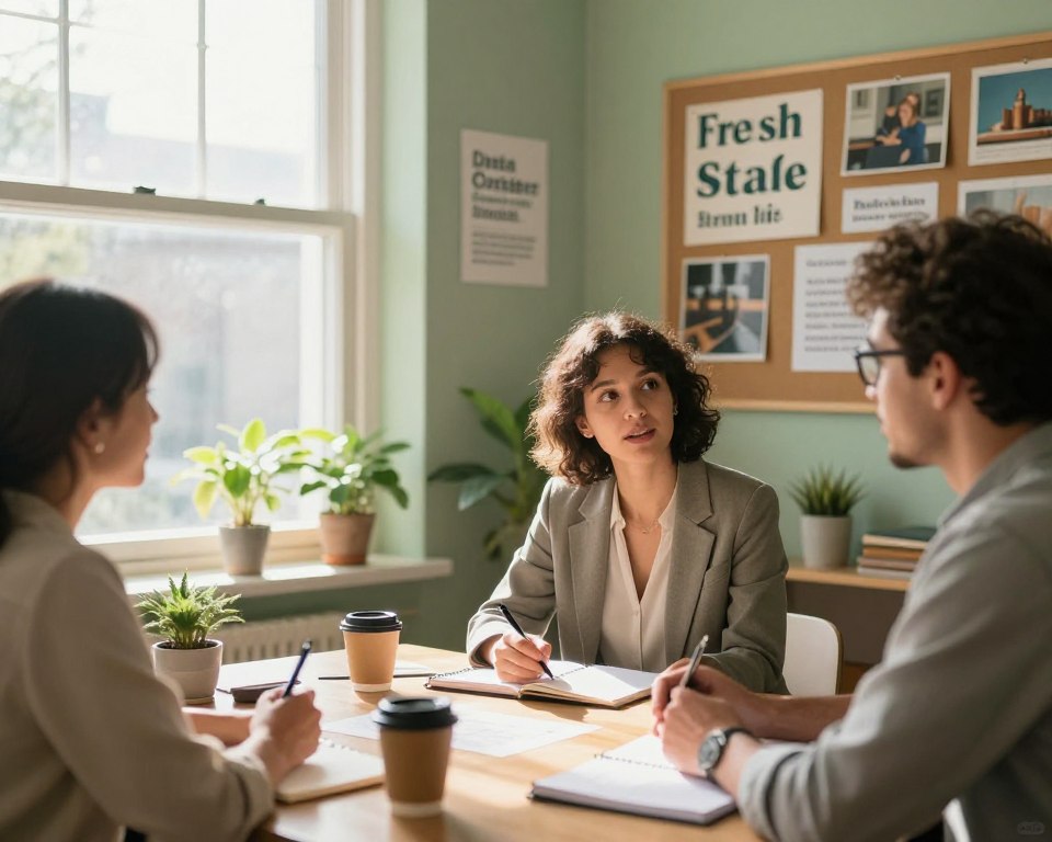 A serene and inspiring scene depicting a fresh start in life. In the foreground, a diverse group of three professionals, a woman with short hair and a man with glasses, both in modest business attire, are gathered around a table filled with notebooks, coffee cups, and plants, discussing strategies for personal growth. The middle layer features an open window with sunlight streaming in, casting warm rays that illuminate the room. A bulletin board in the background showcases motivational quotes and images symbolizing new beginnings, with soft green walls that exude calmness. The atmosphere is focused and encouraging, evoking a sense of hope and determination. The image should have natural lighting that enhances the positive mood, captured with a soft focus lens to create a warm, inviting feel.