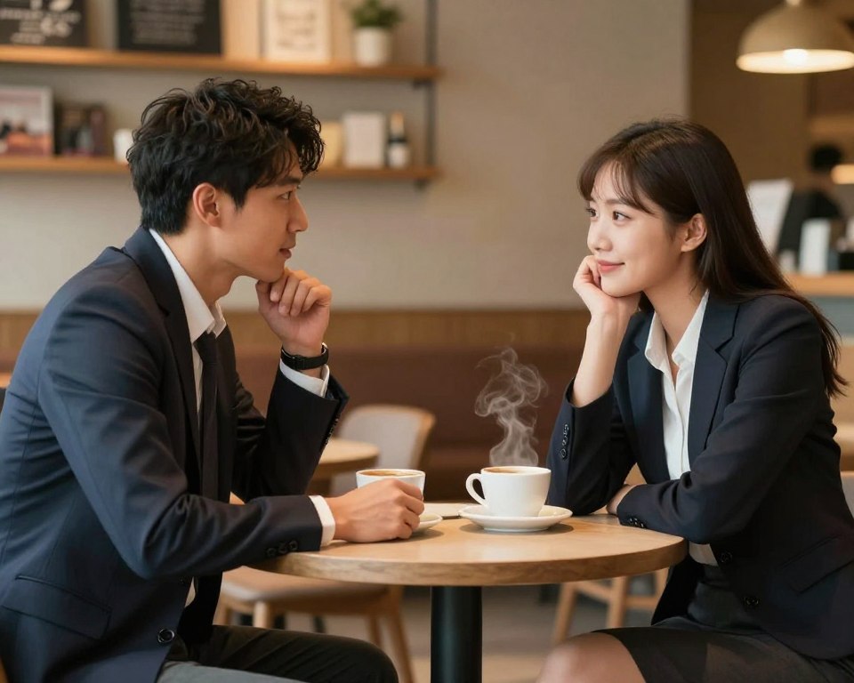 A serene and intimate scene depicting two individuals in a cozy caf&eacute; setting, focusing on their subtle body language. In the foreground, a man and woman are seated across from each other at a small round table, both wearing professional business attire. The man's body leans slightly forward with an open posture, conveying engagement, while the woman mirrors his stance, with her chin resting on her hand and a soft smile. In the middle, a steaming cup of coffee sits between them, symbolizing connection. The background shows softly blurred caf&eacute; elements, like wooden shelves with books and warm ambient lighting, creating a warm and inviting atmosphere. The image captures the energy and chemistry of their interaction, emphasizing the theme of body language in relationships.