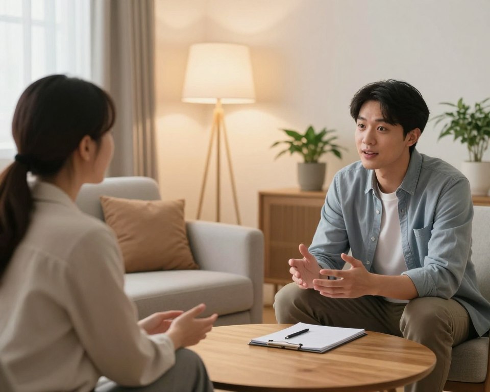 A serene and inviting counseling room, showcasing two individuals engaged in a constructive conversation. In the foreground, a man and a woman, both dressed in smart casual attire, sit across from each other at a round wooden table. They exhibit expressions of understanding and openness, with gestures indicating active listening. In the middle, a comfortable armchair and soft cushions add to the ambiance, while a notepad and pen suggest note-taking during discussions. In the background, warm lighting from a floor lamp casts a gentle glow, and potted plants lend a refreshing touch, creating a peaceful atmosphere focused on relationship repair and strategy rebuilding. The overall mood is hopeful and constructive, emphasizing connection and understanding. A serene and inviting counseling room, showcasing two individuals engaged in a constructive conversation. In the foreground, a man and a woman, both dressed in smart casual attire, sit across from each other at a round wooden table. They exhibit expressions of understanding and openness, with gestures indicating active listening. In the middle, a comfortable armchair and soft cushions add to the ambiance, while a notepad and pen suggest note-taking during discussions. In the background, warm lighting from a floor lamp casts a gentle glow, and potted plants lend a refreshing touch, creating a peaceful atmosphere focused on relationship repair and strategy rebuilding. The overall mood is hopeful and constructive, emphasizing connection and understanding.
