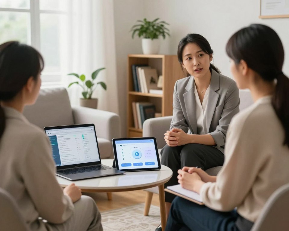 A serene and professional therapy room, designed for psychological support, in the foreground. A therapist, dressed in professional business attire, sits with a client on a comfortable couch, both engaging in a thoughtful conversation. On a nearby table are various modern AI tools, such as a laptop displaying data analytics for mental health, a tablet with an AI chatbot interface, and a digital mood tracker. In the middle ground, a calming bookshelf filled with psychology books and plants adds warmth. The background features a large window with soft natural light flooding in, creating an inviting atmosphere. The overall mood is supportive and empowering, illustrating the synergy between therapeutic support and innovative AI tools in addressing toxic behavioral patterns. A serene and professional therapy room, designed for psychological support, in the foreground. A therapist, dressed in professional business attire, sits with a client on a comfortable couch, both engaging in a thoughtful conversation. On a nearby table are various modern AI tools, such as a laptop displaying data analytics for mental health, a tablet with an AI chatbot interface, and a digital mood tracker. In the middle ground, a calming bookshelf filled with psychology books and plants adds warmth. The background features a large window with soft natural light flooding in, creating an inviting atmosphere. The overall mood is supportive and empowering, illustrating the synergy between therapeutic support and innovative AI tools in addressing toxic behavioral patterns.