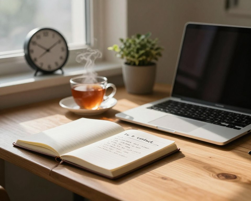 A serene and reflective workspace featuring a wooden desk bathed in soft, natural light filtering through a nearby window. On the desk, an open notebook with handwritten notes about "no contact" principles lies beside a closed laptop. A steaming cup of tea adds a cozy element, while a minimalist wall clock emphasizes the passage of time, symbolizing patience and self-reflection. In the background, a muted indoor plant adds a touch of life, promoting a peaceful atmosphere. The image is shot from a slight angle, capturing both the desk and the warmth of the light, evoking a sense of calm and determination in the journey of self-discovery and personal growth. A serene and reflective workspace featuring a wooden desk bathed in soft, natural light filtering through a nearby window. On the desk, an open notebook with handwritten notes about "no contact" principles lies beside a closed laptop. A steaming cup of tea adds a cozy element, while a minimalist wall clock emphasizes the passage of time, symbolizing patience and self-reflection. In the background, a muted indoor plant adds a touch of life, promoting a peaceful atmosphere. The image is shot from a slight angle, capturing both the desk and the warmth of the light, evoking a sense of calm and determination in the journey of self-discovery and personal growth.