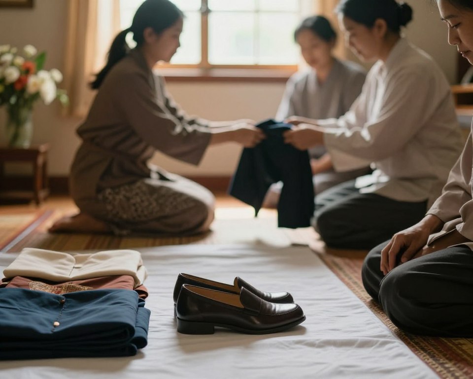 A serene and respectful scene depicting the traditional rituals of passing on clothing from a deceased person. In the foreground, a pair of polished shoes sits solemnly on a white cloth, surrounded by a few folded garments that symbolize the transition. The middle layer features a softly lit room, with warm, muted colors creating an atmosphere of reverence. In the background, family members dressed in modest, respectful attire engage in a gentle exchange of garments, illustrating the emotional connection and rituals involved. Soft, natural lighting filters through a window, casting a warm glow, while a simple floral arrangement adds a touch of life and memory to the scene. The overall mood is one of reflection and honoring traditions.