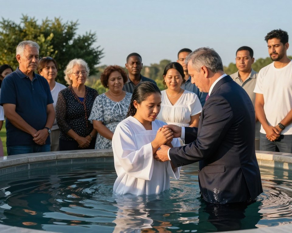 A serene and sacred baptism scene, featuring a diverse group of individuals gathered near a calm water source under soft, golden sunlight. In the foreground, a pastor, dressed in a modest suit, gently immerses a participant in a white robe, symbolizing a spiritual rebirth. The middle ground showcases family members and friends, wearing respectful, casual clothing, watching with expressions of joy and reverence. In the background, lush greenery and a clear blue sky enhance the peaceful atmosphere. The image should evoke a sense of community and spiritual connection, with soft, natural lighting that highlights the emotions of the participants, captured from a slightly elevated angle to frame the baptism process beautifully.