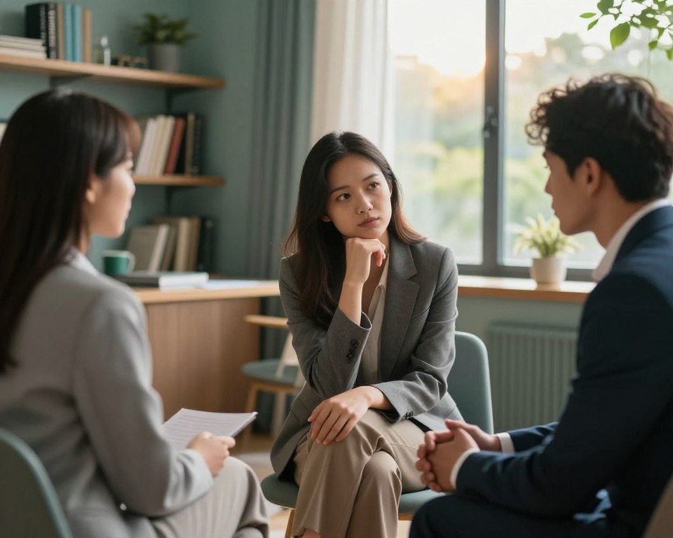 A serene and thoughtfully composed image depicting the psychological and social aspects of masturbation. In the foreground, a diverse group of three individuals in professional business attire engages in a deep conversation, their expressions contemplative and empathetic, symbolizing understanding and awareness. The middle ground features a calming workspace, decorated with soothing colors like soft blues and greens, and shelves lined with psychology books. In the background, a large window reveals a peaceful nature scene, with gentle sunlight pouring in, casting warm, inviting light across the room. The atmosphere is reflective and tranquil, encouraging open dialogue about sexuality, self-discovery, and emotional health. The lens captures the scene with a gentle focus, evoking a sense of safety and connection.