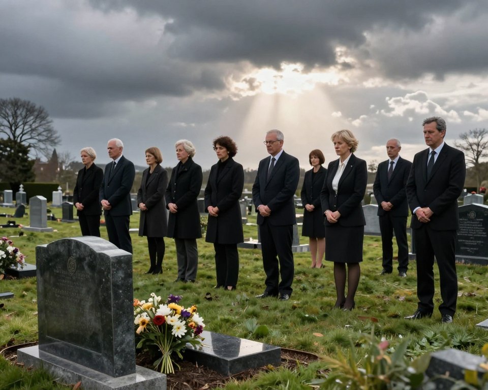 A serene cemetery setting under a moody sky, capturing the symbolism of weather at a funeral. In the foreground, a gravestone adorned with flowers wilting slightly, representing mourning. In the middle ground, a group of elegantly dressed individuals in professional attire, reflecting a respectful demeanor as they gather, their expressions contemplative. The background features dark clouds, casting a somber shade over the graveyard, with occasional rays of sunlight piercing through, symbolizing hope amidst grief. The lighting is soft yet atmospheric, enhancing the tension of the moment, shot from a slightly elevated angle to give a comprehensive view of the scene. The overall mood conveys a deep sense of reflection, emphasizing the significance of weather in relation to funerals.