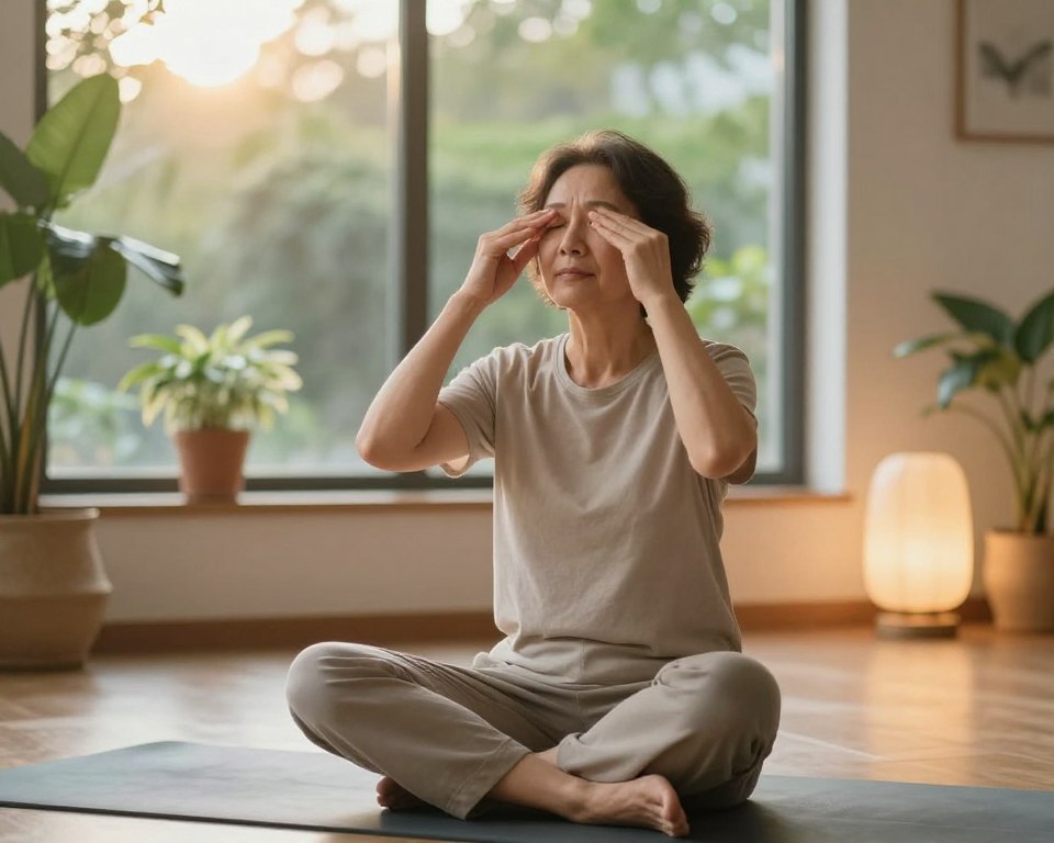 A serene environment showcasing relaxation techniques and eye exercises. In the foreground, a middle-aged person dressed in modest casual clothing practices eye exercises, sitting cross-legged on a yoga mat with their hands gently placed on their knees. Their eyes are closed, conveying a sense of calm and focus. In the middle ground, soft, ambient lighting filters through a large window, highlighting potted plants and calming decor that suggest tranquility. In the background, a soft, blurred view of a peaceful outdoor scene with greenery and gentle sunlight enhances the soothing atmosphere. The overall mood is peaceful and restorative, inviting viewers to experience relaxation and mindfulness.